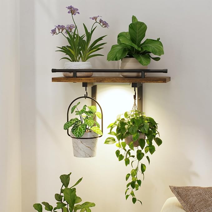 LASZOLA Wall Plant Shelves Floating Hanger Holder with Grow Lights, Brown | Window Stand with Hooks, Metal and Wood, Flower Hanging Display Rack for Indoor Bedroom Living Room Bathroom Kitchen Decor