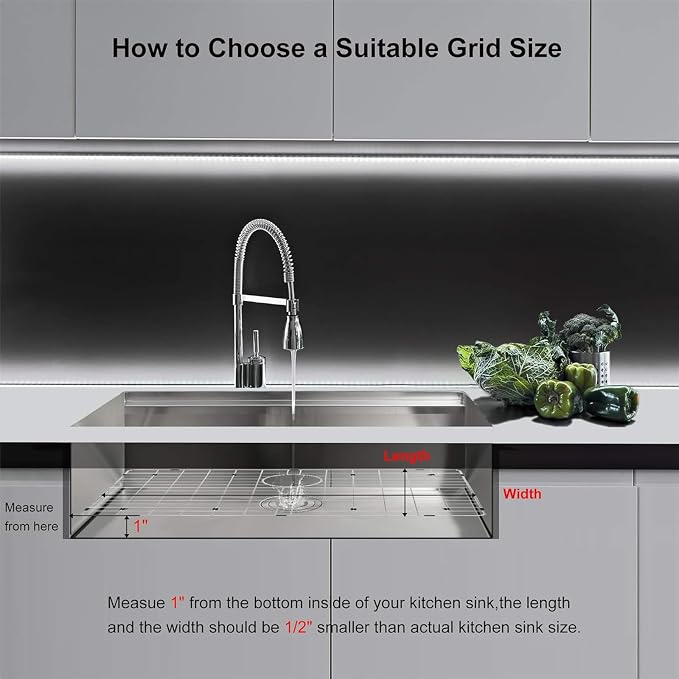 Sink Protectors Grid 22 63/64'' × 14 3/16'', Stainless Steel Sink Grids for Bottom of Kitchen Sinks, with Rear Drain for Single Bowl Sinks