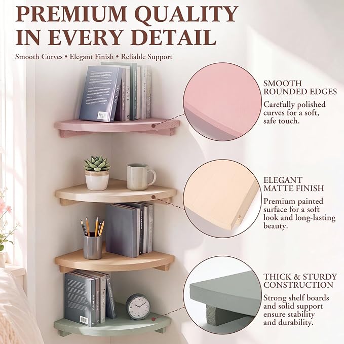 RattanView Morandi Floating Corner Shelf Set of 4, Colorful Rounded Shelves Wall Mounted for Bathroom Bedroom Kitchen, Soft Wood Corner Shelves for Small Spaces Apartment Decor