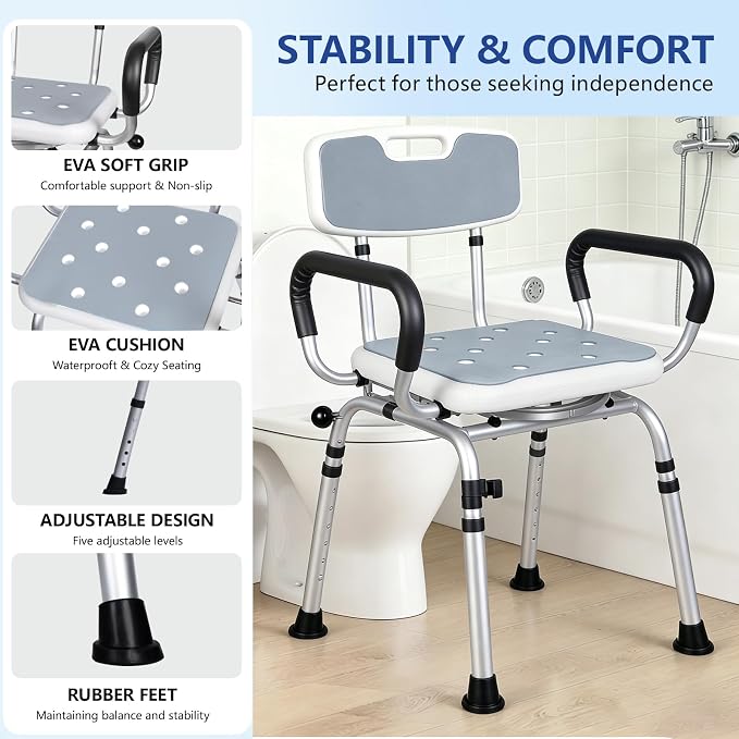 Swivel Shower Chair with Handle 500lbs Adjustable Arms & Back 360° Rotating | 360° Swivel, 5-Level Height Adjust, Non-Slip Feet, Tool-Free Assembly With Extra Suction Bath Grab Bar