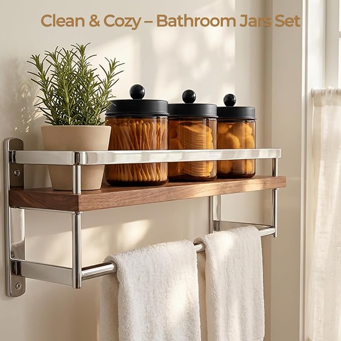 Amolliar Amber Glass Apothecary Jar Qtip Holder Metal Lids 4pc/Amber-black | Bathroom Decor Countertop Vanity Storage Organizer Set for q tip holder,Cotton Swabs/Rounds,Makeup Sponges,Cute Stickers