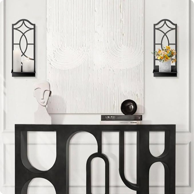 Candle Wall Sconces Set of 2, Black Metal Wall Art Decor for Living Room, Dining Room, Bedroom, Bathroom (16.5 x 7 in)