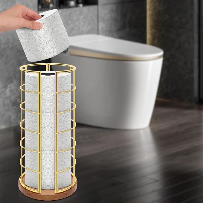 NearMoon Toilet Paper Organizer Stand, Freestanding 3 Rolls Tissue Storage, Metal Bathroom Accessory, Rustproof Toilet Roll Holder for Kitchen Countertop Inside Cabinet Shelf(Wooden Base, Gold)