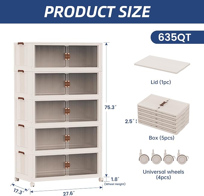 SAILUN 635Qt Stackable Storage Bins,Storage Cabinet a Lid,5Pack Blush White | Stackable Storage Drawers with Lids,28" W x 17" D x 75" H,Featuring open-front Access for Clothes and Closet Storage