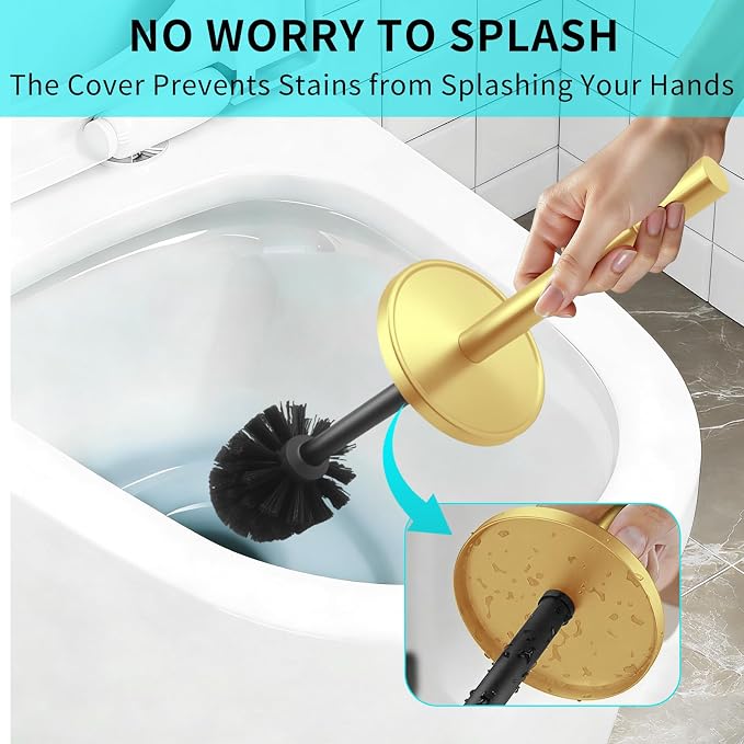 Stainless Steel Toilet Brush and Holder Set,Toilet Bowl Brush and Holder | Gold Heavy Duty Toilet Brush for Bathroom with Long Handle,Removable Inner Bowl and Splash Protection,Deep Cleaning