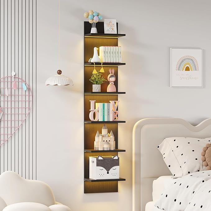 Qupui 6-Tier Wall Shelf with LED Remote, 57" Floating Storage, Black | RGB 22 Modes 6 Brightness. Remote Control. Waterproof Particleboard. 6 Tiers For Storage And Display. For Bedroom