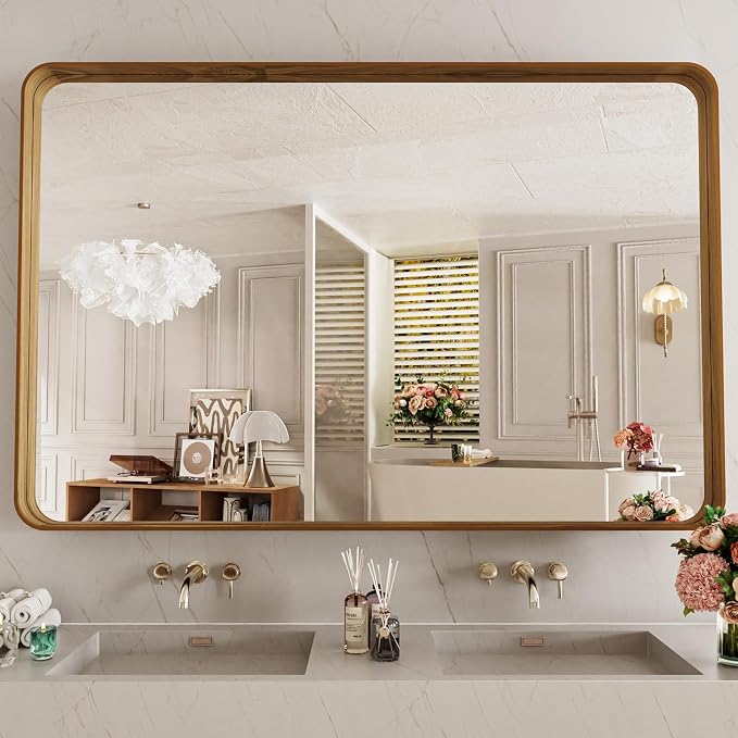 LOAAO 48X32 Inch Bathroom Mirror with Wood Grain Colored Metal Frame | Rounded Rectangle Metal Framed, Anti-Rust, Hangs Horizontally or Vertically, Tempered Glass