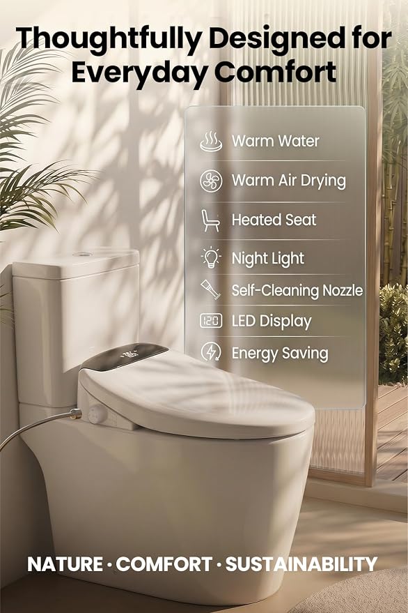 Tadashi Elongated Toilet Seat Bidet, Smart Electric Bidet | Remote Control, Warm Air Dryer, Warm Water Cleaning and Heated Toilet Seat, Night Light, Self Cleaning