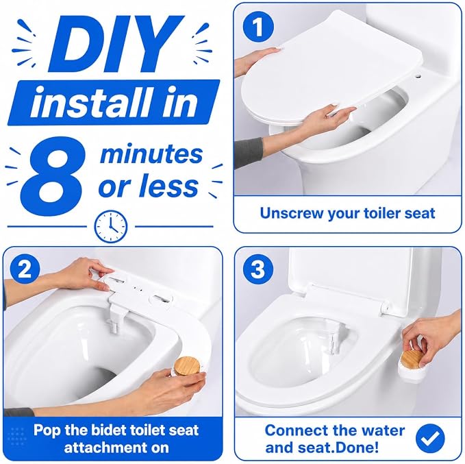 Ultra Slim Toilet Bidet Attachment, Dual Nozzle Front & Rear Wash, Adjustable Cold Water Pressure, Stainless Steel Inlet, Easy to Install Sanitary Toilet Cleansing Accessory
