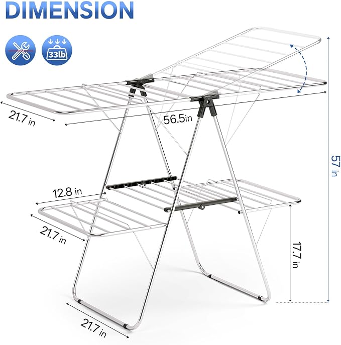 Large Stainless Steel Clothes Drying Rack, Generous Drying Area | Foldable 2-Level Drying Rack Clothing, Free-Standing Laundry Airer, with Height-Adjustable 4 Wings, Matte Black