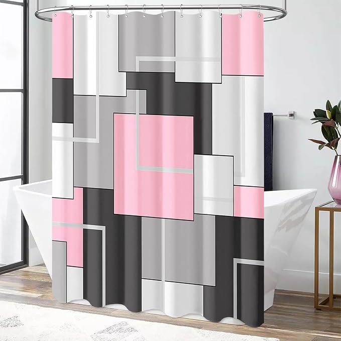 Pink Modern Geometric Waterproof Fabric Shower Curtain Set, 72 x 72 | Premium Polyester, Weighted Hem, 12 Plastic Hook, Vibrant Color, Wrinkle-resistant, Quick-Dry, Machine Washable, For Bathroom