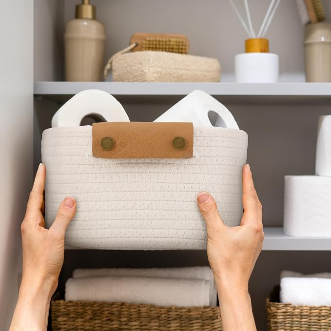 Beautiful Storage Basket Set of 5 - Sturdy Cotton Rope Baskets for Shelves | Perfect for Organizing Your Home - Quality Storage Bins Easily Fit with Any Nursery or Bedroom Decor