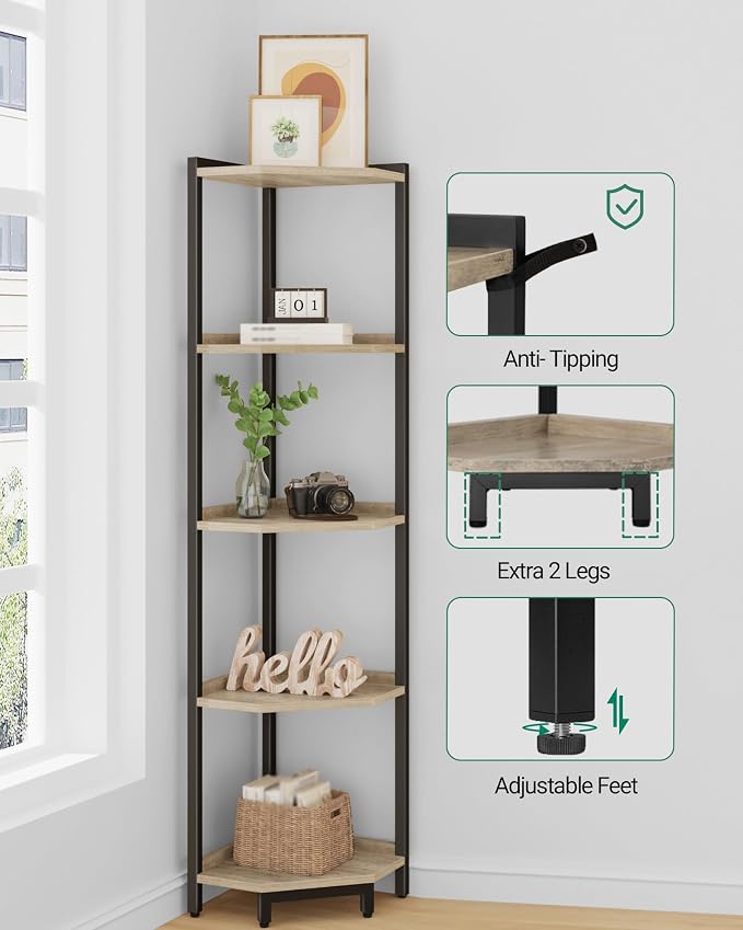Hzuaneri Corner Shelf Stand, Corner Bookshelf with Metal Frame | Storage Standing Shelf Unit Plant Stand, Bookcase for Living Room, Home Office, Bedroom, 5-Tier Greige CS05905B