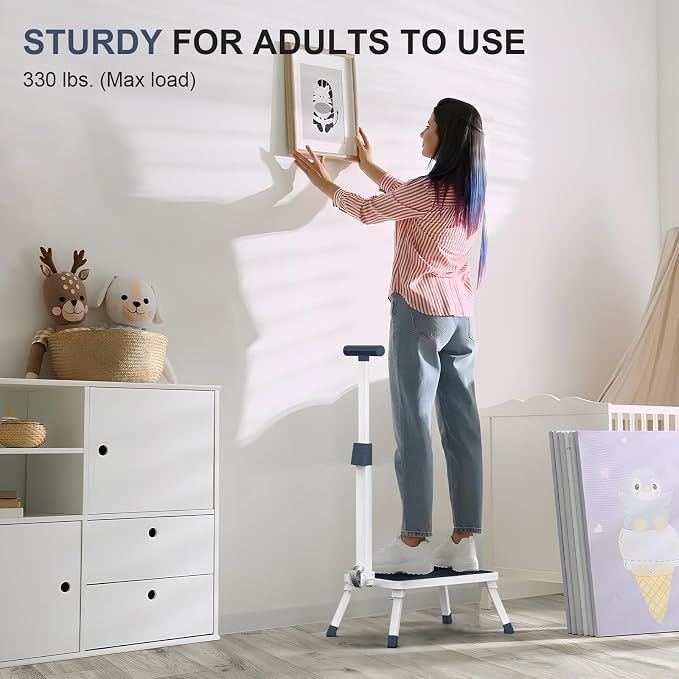 Folding Step Stool, Step Stools with Handle for Elderly Adults | Easy Assmbly, Lightweight Metal Stepping Stool with Adjustable Handrail in Kitchen, Bathroom, Bedroom, 330 Lbs Capacity
