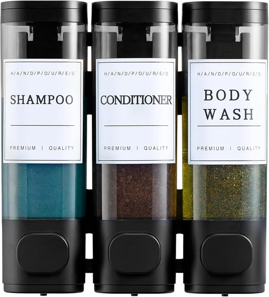 Shampoo and Conditioner Dispenser,Shower Soap Dispenser 3 Chamber No Drill Wall-Mounted for Bathroom & Hotel Leak-Proof Pumps, for Thick Liquids Like Conditioner - 1050ML High Capacity, Black