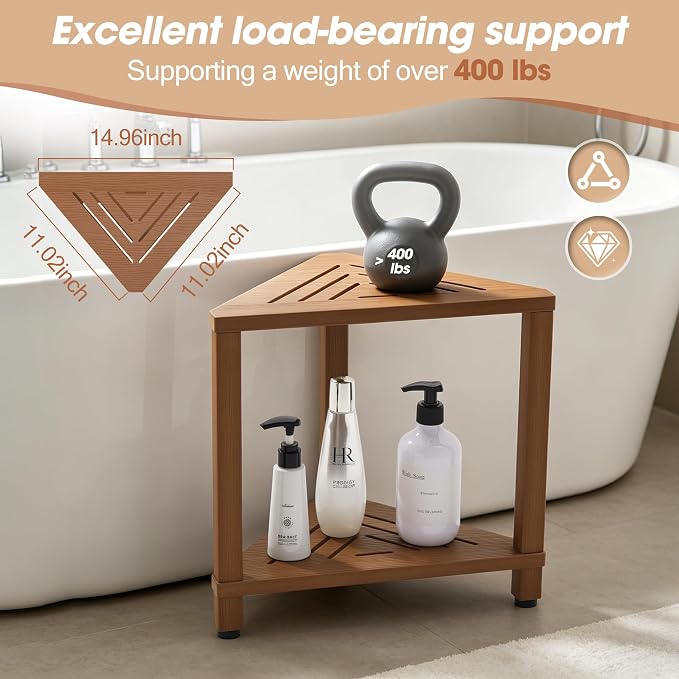 Corner Shower Stool with Storage Shelf, HDPS Waterproof Shower Foot Rest for Shaving Legs, 2-Tier Triangle Bathroom Stool for Inside Shower, Non-Slip Small Shower Bench, Teak Color