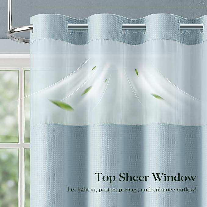 Fog Blue Hook Free Waffle Shower Curtain & Snap-in Liner,72x75 | Less Time to install, 3 in 1 Fabric Shower Curtain and Liner Set with Magnets, Mesh Top Window, Shower Curtains for Bathroom