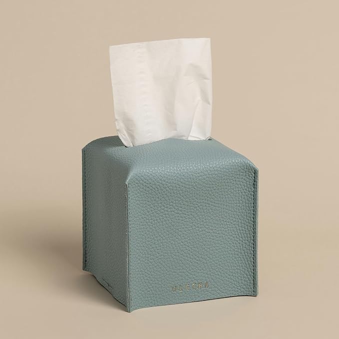 OLETHA Square Tissue Box Cover, Aesthetic Desk Decor, Sky Blue, 2 Pack | Faux leather tissue box holder for room, home, office; fits Kleenex & Puffs cube boxes; velcro base; easy swap; wipes clean