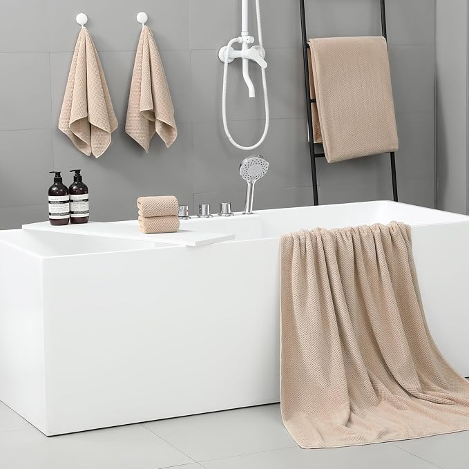 YTYC 29x59 Bath Towels Set,Towels for Bathroom,Beige,6-Pieces | 2 Large Bath towels,2 Hand towels (14x29"),2 Washcloth (13x13"),Super Soft,Highly absorbent,Hanging Loop,80%Polyester