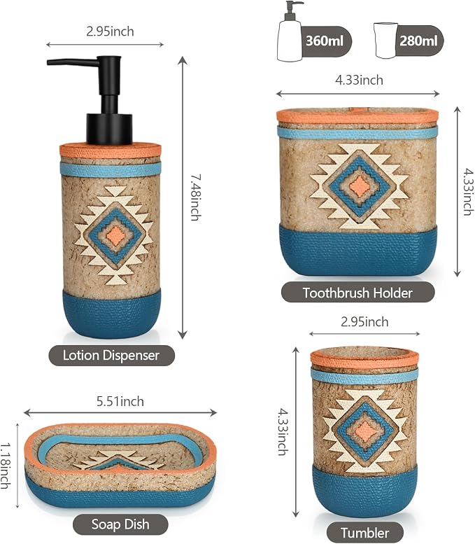 Bathroom Accessory Sets 4PCS Bathroom Accessories Set Complete Tribal Home Decor Southwest Pattern Shape Includes Lotion Dispenser Toothbrush Holder Tumbler Cup & Soal Dish