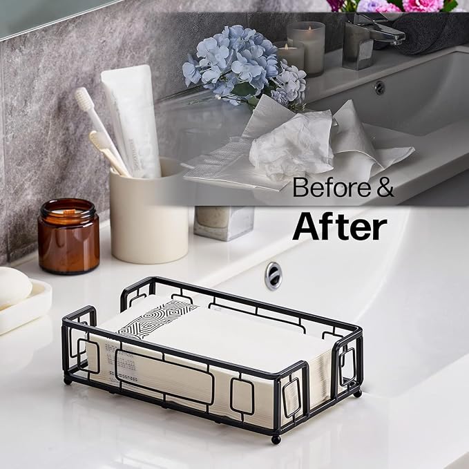 Guest Towel Holder Tray for Bathroom Countertop, Black Metal | Guest Bathroom, Powder Room & Vanity Use