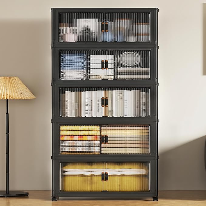 SAILUN 635Qt Large Stackable Storage Bins,Storage Cabinet with a Lid,Black | Stackable Storage Drawers with Lids,28" W x 17" D x 75" H,Featuring open-front Access for Clothes and Closet Storage