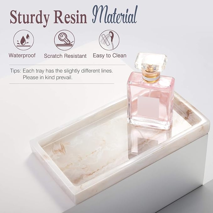 Emibele Bathroom Vanity Tray Countertop, 8" Rectangular Marble Resin Tray | Dresser Kitchen Sink Tray, for Jewelry Cosmetic Perfume Soap Candle, Compact Lightweight Waterproof, Mini Size, Ink Khaki