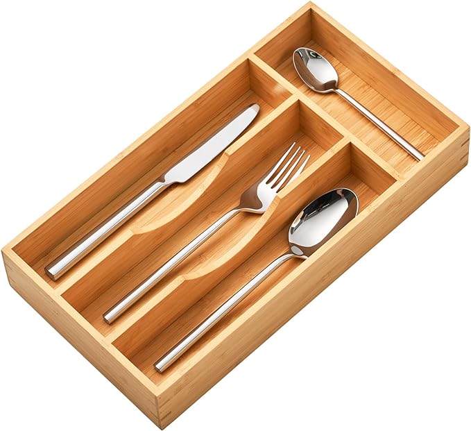 Bamboo Kitchen Drawer Organizer, 7 Inch Silverware Utensils Tray Holder for Small Drawer, Wood Caddy for Flatware Cutlery Knives