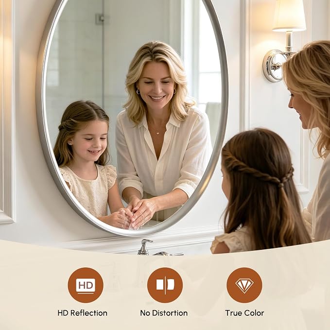 Brushed Nickel Oval Bathroom Mirror 20x28 Inch | Silver Vanity Mirror, Crystal-Clear HD Glass, Rust-Proof Aluminum Frame, Inner-Curved Decor for Bedroom, Entryway Renovation