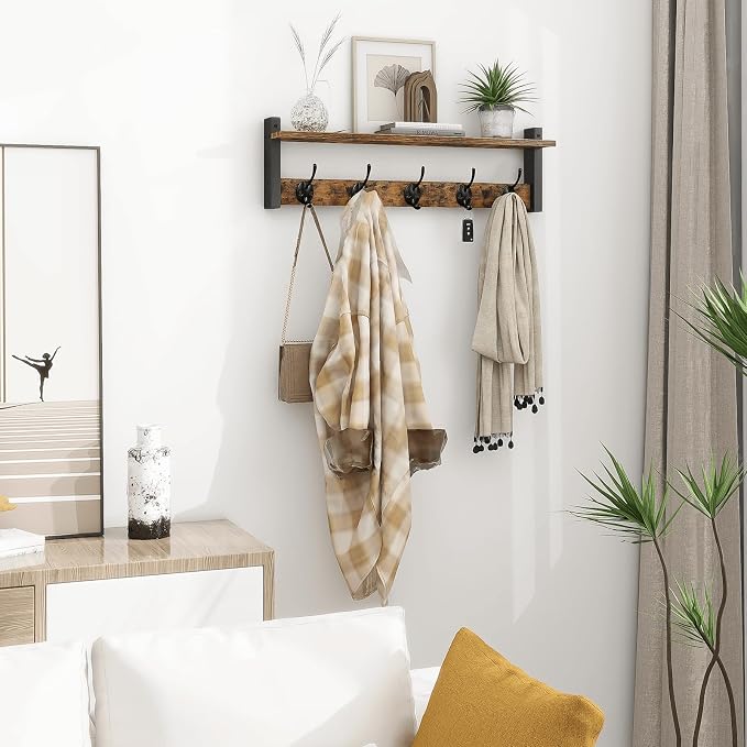 Coat Rack with Wall Mount, 24 Inch Long Entryway Wall Shelf with Hooks, Wood Hanger with Storage Shelf for Bathroom, Hallway, Rustic Brown Black