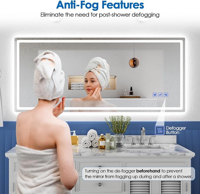ROVOGO 55"x24" LED Bathroom Mirror with Lights, Fogless, Wall Mounted | Ideal for 60" Vanities, Dimmable Backlit Mirror 3 Color Temperature, Memory Function, Lighted Vanity Wall Mirror Shatterproof