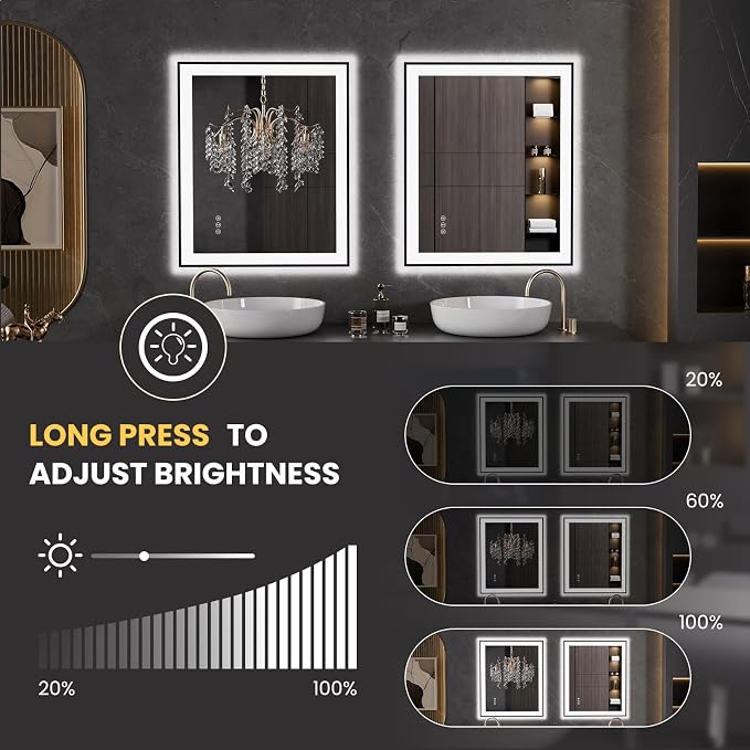 LOAAO 30"X36" LED Bathroom Mirror Black Framed | Anti-Fog, Dimmable, Memory Function, Tempered Glass, Lighted Vanity Mirror for Wall