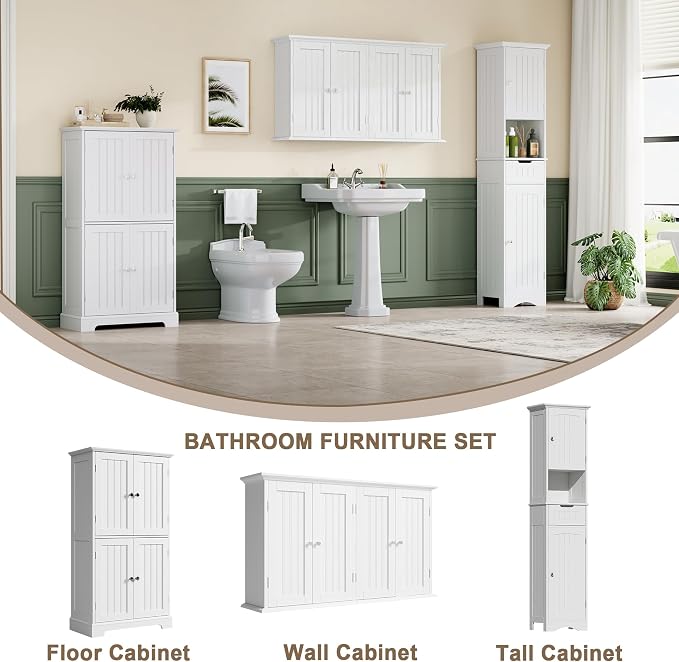 ChooChoo Laundry Cabinet with 4 Doors and Adjustable Shelves | 9.06"D x 40.9"W x 24"H, Bathroom Wall Cabinet, Cupboard, White