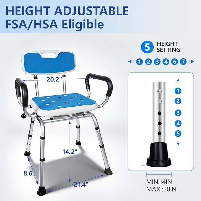 Swivel Shower Chair 500lbs Heavy Duty Adjustable Arms & Back 360° Rotating | Slip-resistant rubber feet Easy-clean Tool-free Install Ergonomic wide seat Built-in drainage holes 5 height settings