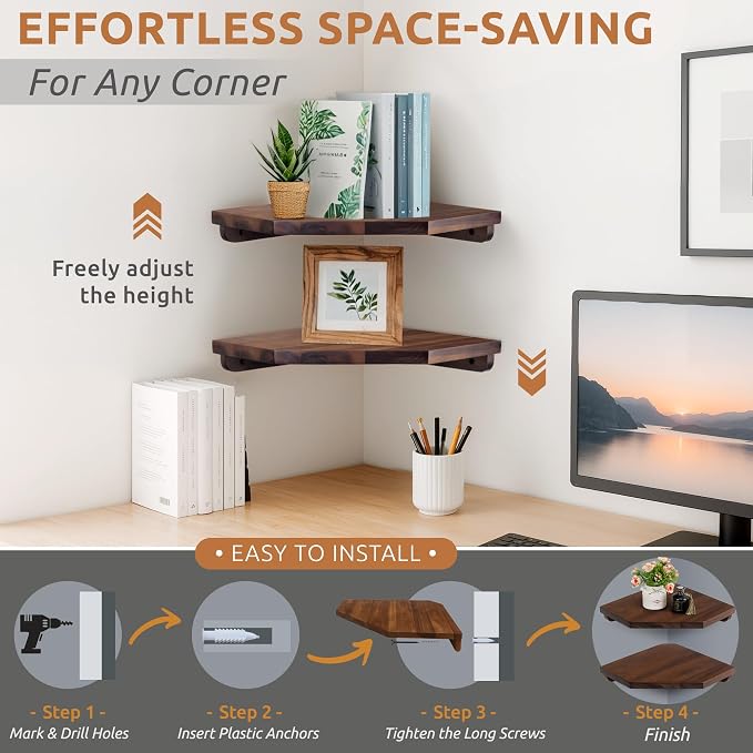 Demigo Hexagon Corner Floating Shelves, 2-Pack Acacia Wood Wall Shelf | Upgraded Wall Mounted Storage with Hidden Brackets, Modern Space-Saving Shelves for Bedroom Living Room Office Kitchen