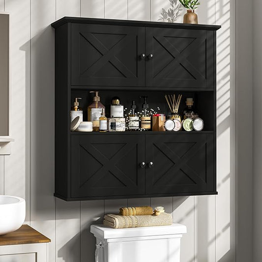 Vabches Bathroom Wall Cabinet, Farmhouse Medicine Cabinet with 4 Barn Doors, Large Wooden Vintage Storage Cabinet Wall Mounted for Bathroom, Kitchen, Black