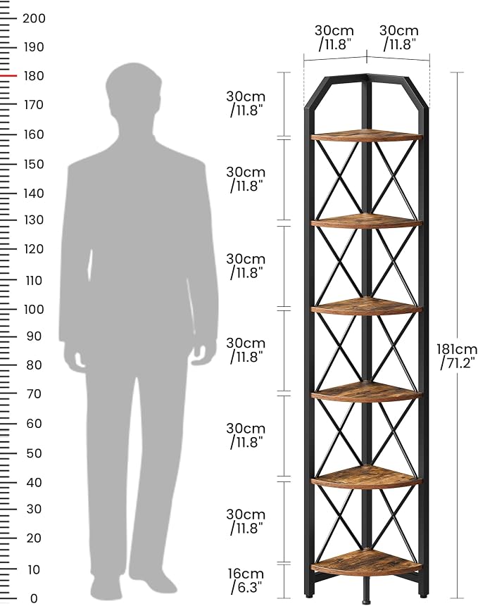6-Tier Corner Shelf, Industrial Corner Bookshelf, 71.2" Corner Storage Stand, Plant Stand Display Shelf, Corner Bookcase for Bedroom, Living Room, Home Office, Rustic Brown and Black TCJ11BF