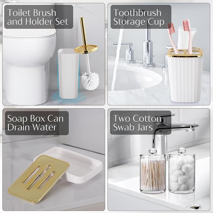 17PCS Bathroom Accessories Set, White Bathroom Set Bathroom Accessories Set with Trash Can, Toilet Brush, Toothbrush Holder, Qtip Holder & 3PCS Soap Dispenser