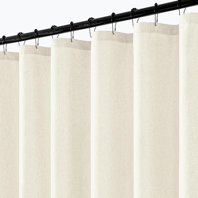 ANRODUO Ivory Extra Long Linen Fabric Shower Curtain Set - W72xL108 | Farmhouse Shower Curtain with 12 Metal Hooks, Waterproof Heavy Duty, Button Hole Design, Machine Washable for Bathroom