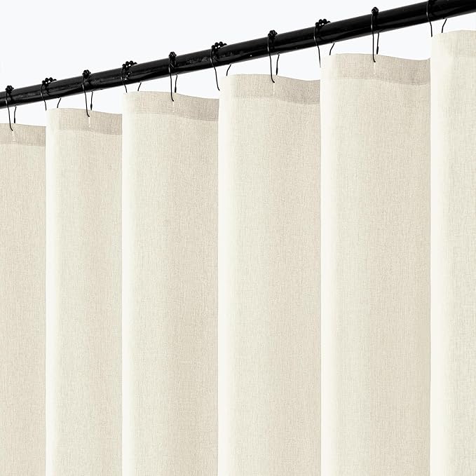 ANRODUO Ivory Linen Textured Fabric Shower Curtain Set - W72xL72 | Farmhouse Shower Curtain with 12 Metal Hooks, Waterproof Heavy Duty, Button Hole Design, Machine Washable for Bathroom