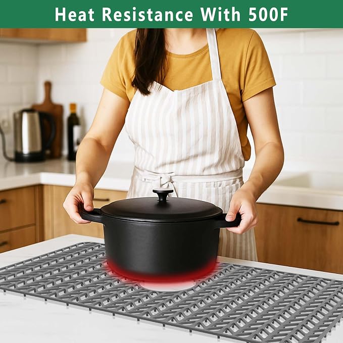 GUUKIN Sink Protectors for Kitchen Mat - 29.7“x15.5” Silicone Kitchen Sink Mat Grid for Bottom of Farmhouse Stainless Steel Porcelain with Center Drain（Grey）
