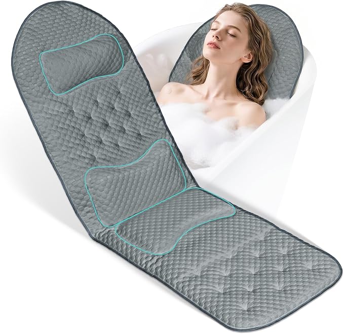 Full Body Bath Pillow for Bathtub, Thick Soft Tub Cushion with Non-Slip Suction Cups Dual Hooks, Luxury Spa Pillow for Neck Back and Hip Support, 53" x 17"