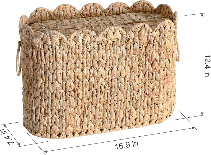 Narrow Wicker Toilet Paper Holder Basket with Lid, Scalloped Wicker Storage Basket with Lid,Woven Curve Basket,Rattan Bathroom Organizers and Storage Baskets- Holds Up to 9 Mega Rolls