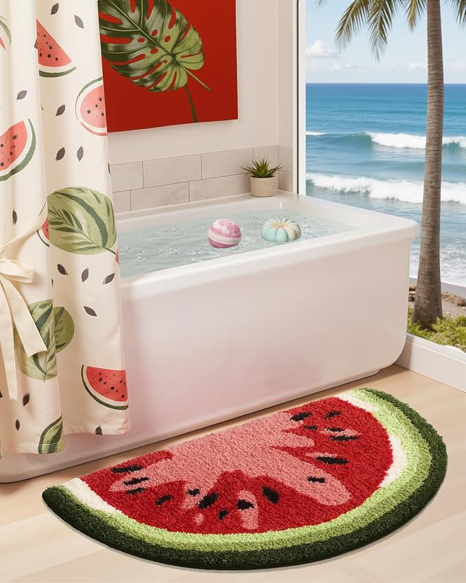 DEXI Cute Watermelon Bath Mat, Half Round Fruit Bathroom Rugs 43x24 | Soft and Absorbent Microfiber, Non Slip, Machine Washable Bathmat for Shower Floor, Bedroom, Kids Room, Home Decor