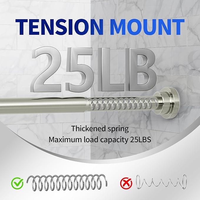 Mcrbeay Shower Curtain Rod, 1" Diameter Heavy Duty Tension Shower Rod, Non Slip Adjustable 28-102 inch No Drill Shower Curtain Rods Spring Tension For Bathroom, Shower Stall, No Rust, Brushed Nickel