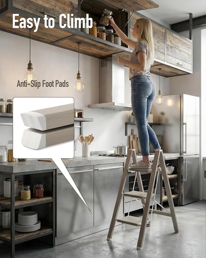 Mayi Plus 3 Step Stool Foldable, Aluminum, Lightweight Step Ladder | Extra-wide anti-slip folding steps with 330 lbs, for home,kitchen,office,outdoor,Fir woodgrain
