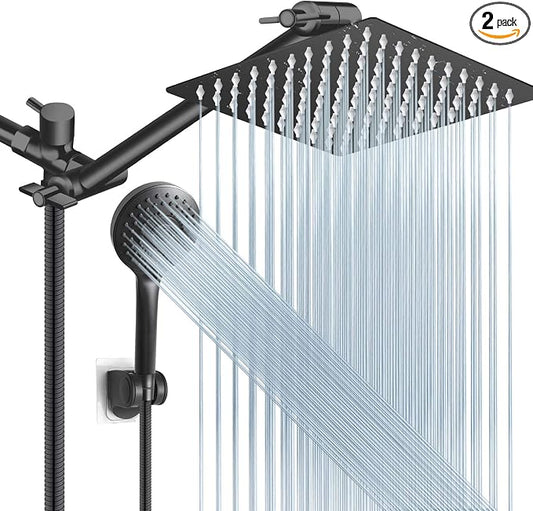 Shower Head Combo, 8 Inch High Pressure Rain with 11 Inch Adjustable Extension Arm and 5 Settings Handheld, Powerful Spray Against Low Water Pressure- Matte Black