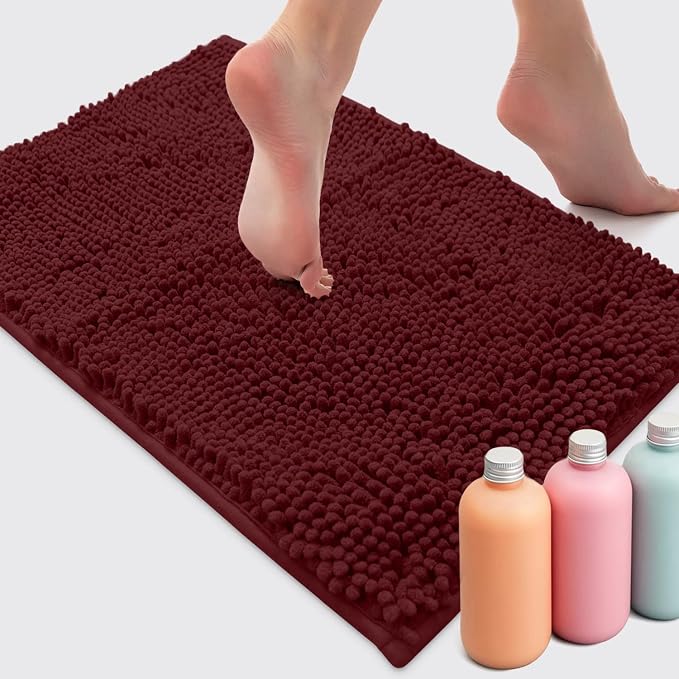 Ultra Soft Texture Chenille Plush Bath Rugs Floor Mats, Bath Rug Non Slip Microfiber Door Mat for Kitchen/Entryway/Living Room (30 x 20 inches, Burgundy)