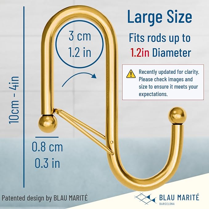 6-Pack Metal S Hooks for Hanging – Heavy-Duty S-Shaped Hooks with Safety Buckle – Fits Bars up to 1.2 in – Anti-Drop S-Hooks for Closet, Wardrobes & Storage – Gold (Large)
