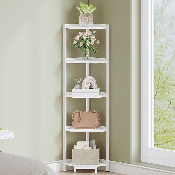 Hzuaneri Corner Shelf Stand 5-Tier Corner Bookshelf Storage Standing Shelf | Bookcase Plant Stand with Metal Frame for Living Room, Home Office, Bedroom, White CS05913W